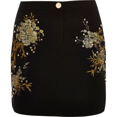 Black embroidered floral stud mini skirt